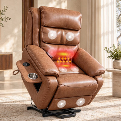 Fauteuil releveur électrique pour personnes âgées avec massage et chauffage, canapé inclinable électrique avec porte-gobelets et chargeur sans fil pour salon, brun