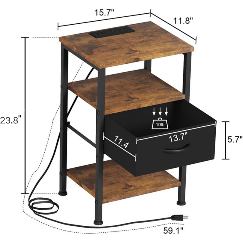 Night Stand With Charging Station, Adjustable Bed Side Table With Fabric Drawer, Farmhouse End Table, Bedside Table With Storage, Rustic Brown