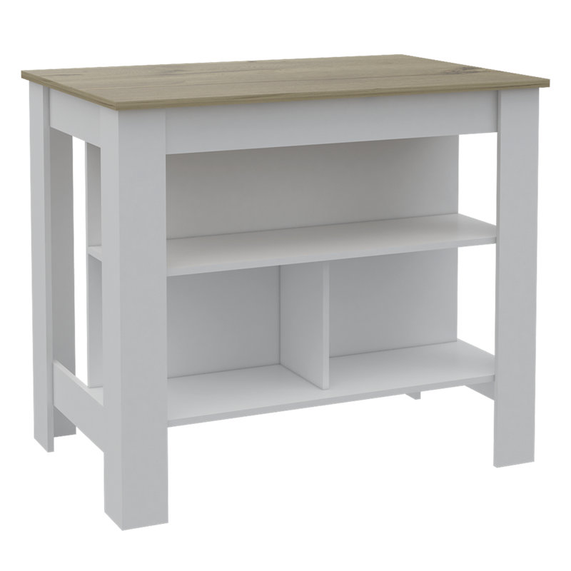 Brooklyn Antibacterial Surface Kitchen Island, Three Concealed Shelves, White/Natural