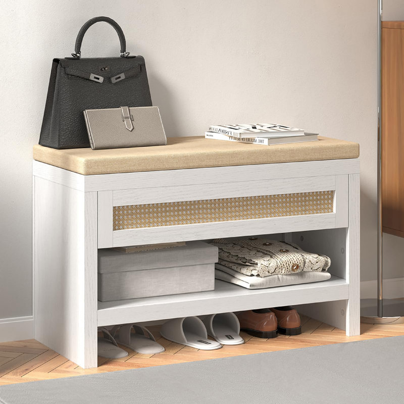 Banc de rangement pour chaussures en rotin avec coussin, Blanc
