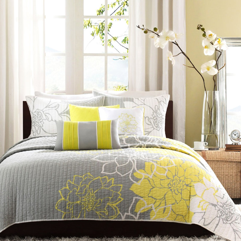 Couette en coton taupe gris/jaune, 6 pièces, King/King, imprimée de motifs naturels, réversible, style vintage