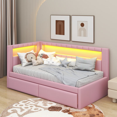 Lit plateforme tapissier simple avec ports USB et ceinture à DEL, avec 2 tiroirs