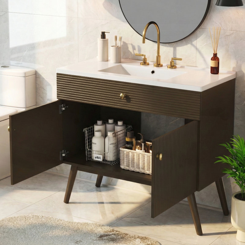 Meuble-lavabo rayé de luxe 36 po, double rangement à fermeture en douceur et lavabo en céramique de qualité supérieure