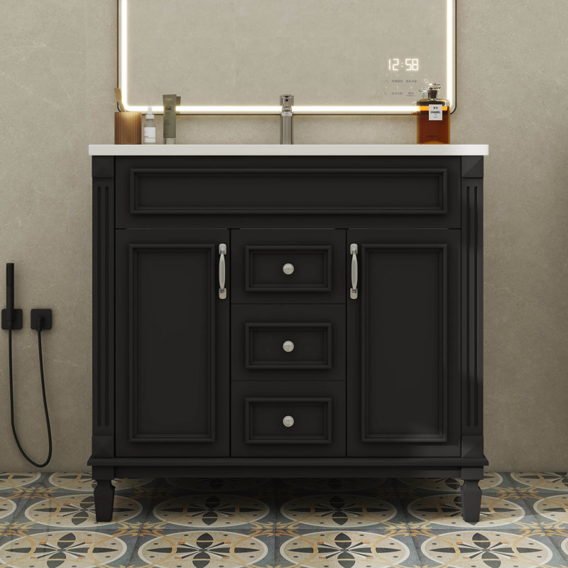 Meuble-lavabo autoportant de 36 po avec lavabo 36 po avec 2 portes et tiroirs à fermeture en douceur, Noir