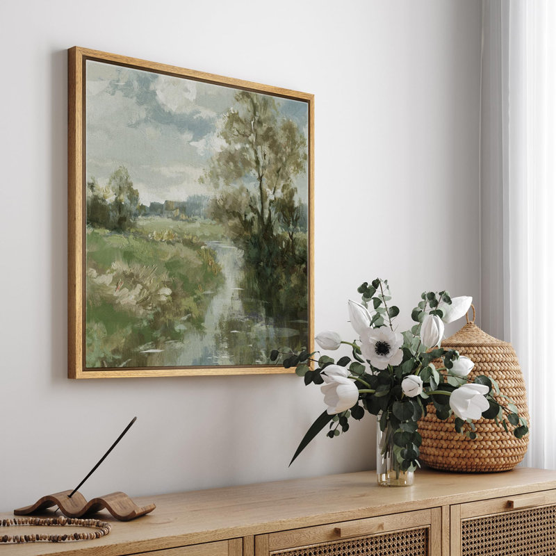 «Serene Pastoral River Nature Landscape Countryside Farmhouse Décor», reproduction d'art encadrée sur toile, Toile naturelle