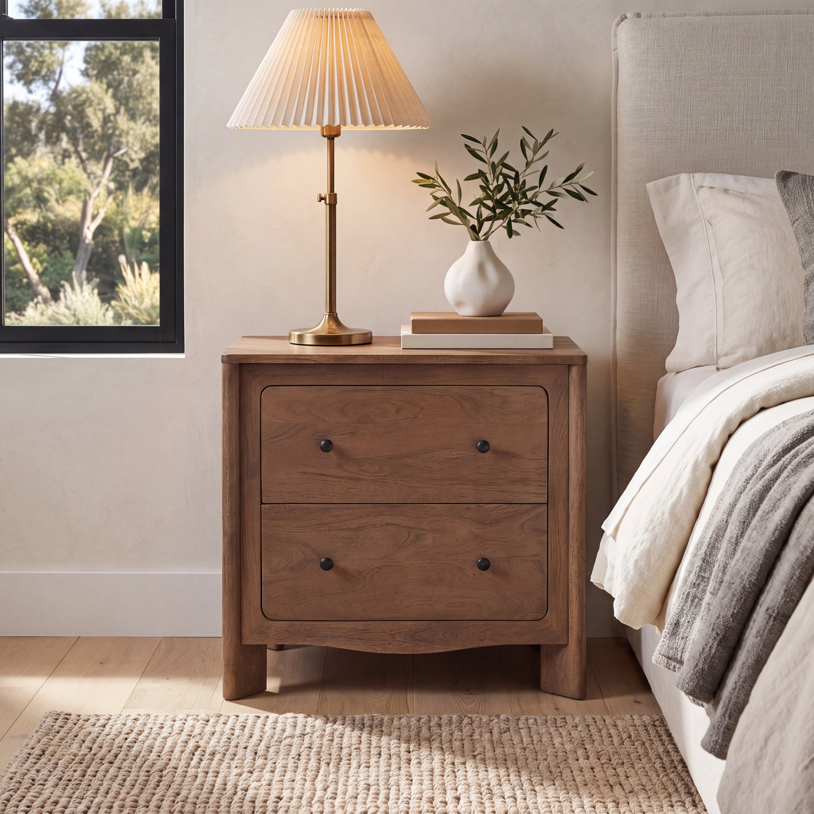 2-Drawer Curved Acacia Nightstand