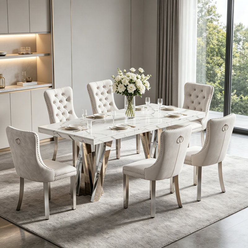 Modern Faux Marble Dining Table Set, Luxury 70.8" Dining Room Table with Velvet Upholstered Chairs, Luxurious Kitchen Table with Lightning Stainless Steel Pedestal, Rectangle Dining Table Set