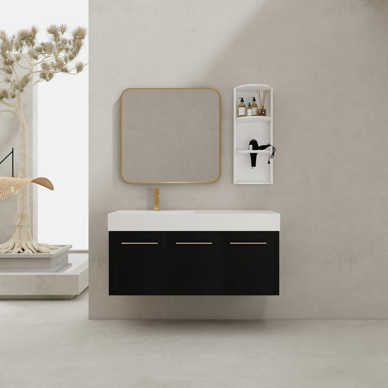 Meuble-lavabo mural 48 po avec lavabo et support de rangement, cuve gauche à rebords épais