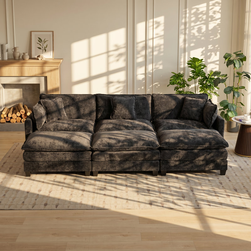 Cloud 35" W x 113.8" D x 33.1" H Chenille 3-Seat Modular Sectional Sofa, Black Chenille, 33.1" H x 113.8" W x 35" D