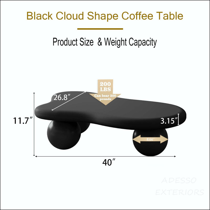 Table basse en forme de nuage avec 3 pieds sphériques, H 11,7 po x L 40 po x l 26,8 po, Noir