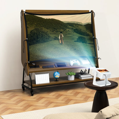 Meuble télé mobile avec support pour téléviseur 32 à 50 po avec écran de projecteur et prises de courant - Chariot télé à roulettes réglable, bois aggloméré