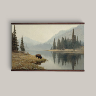 Mountain Lake with Bison Wall Art, Rustic Wilderness Artwork