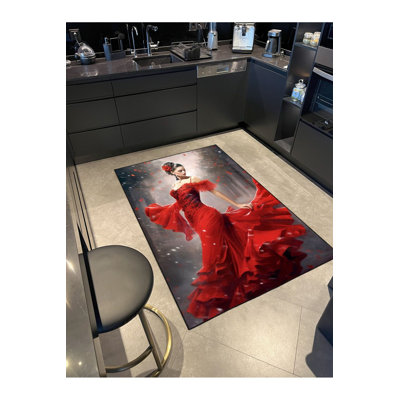 Tapis rouge tissé à motif de femme rouge lavable à la machine