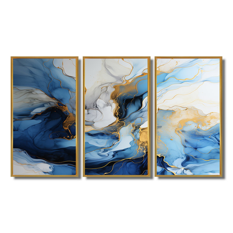 Ocean Sunset Dreams - ensemble de décorations murales vagues, Cadre flottant doré, H 32 po x l 48 po x P 1 po