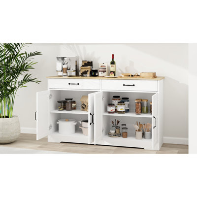 Large White Buffet Sideboard Cabinet, 55.81" With 2 Drawers & 4 Doors. For Bedroom. Made. Simple Installation Flair For Living, Dining, Kitchen. Construction