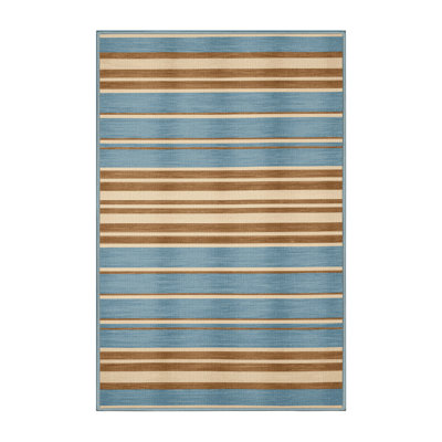 Washable Sky Blue Cream Striped Area Rug