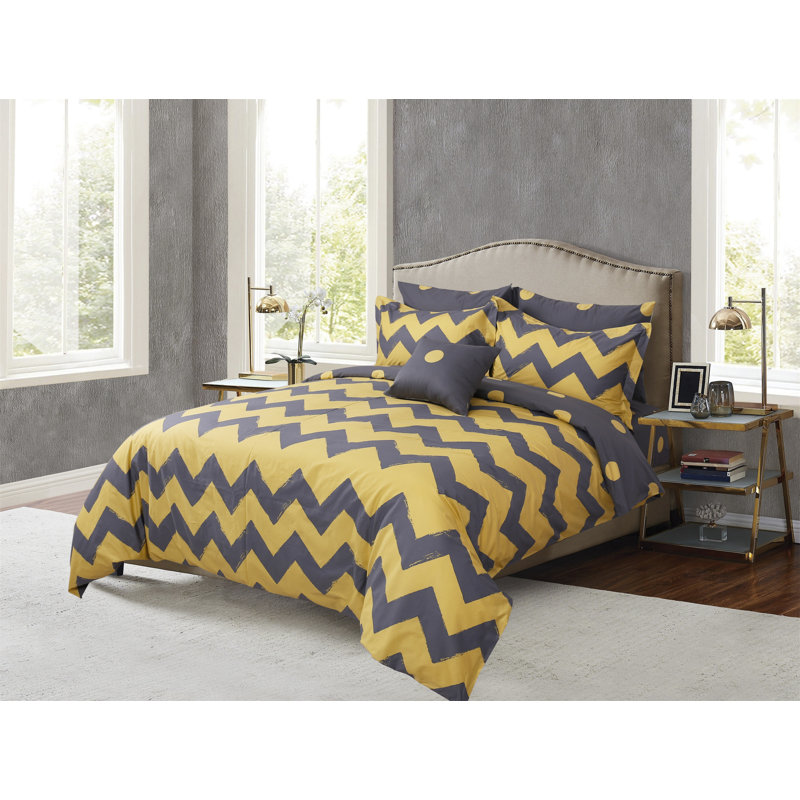 Ensemble de housse de couette réversible 100% coton jaune / gris 4 pièces, Housse de couette très grand + 3 pièces supplém