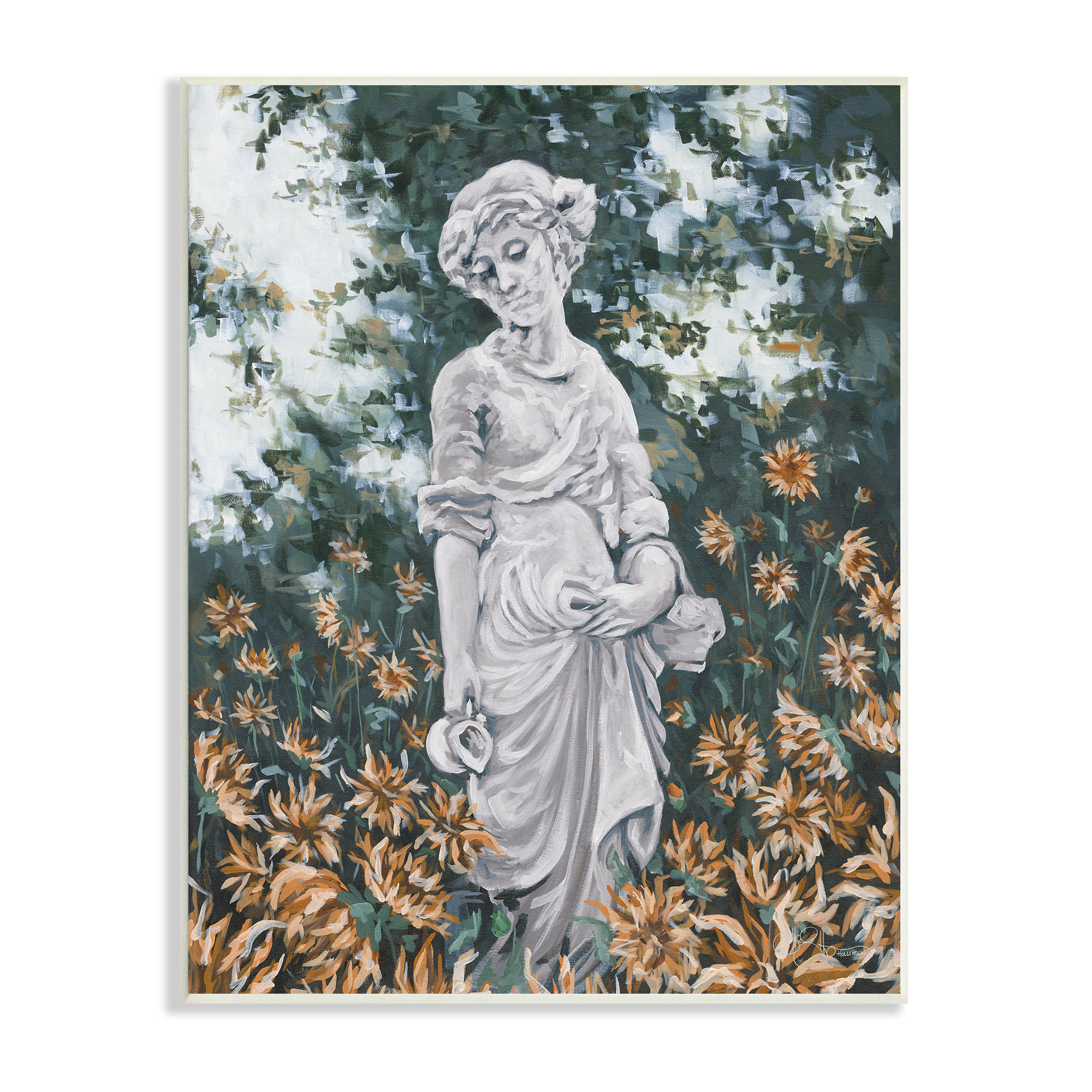 Graceful Garden Woman Statue Surrounded Flower Blossoms On Wood Painting