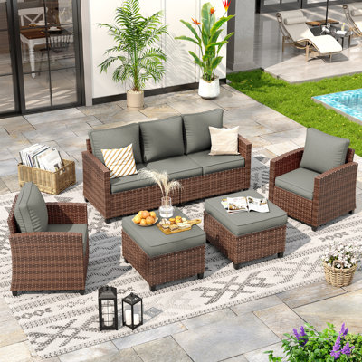 5-Piece Patio Furniture Set, PE Wicker Outdoor Conversation Set with 3-Seat Sofa, 2 Armchairs and 2 Ottomans, Modern Outdoor Seating Set for Patio, Porch & Backyard