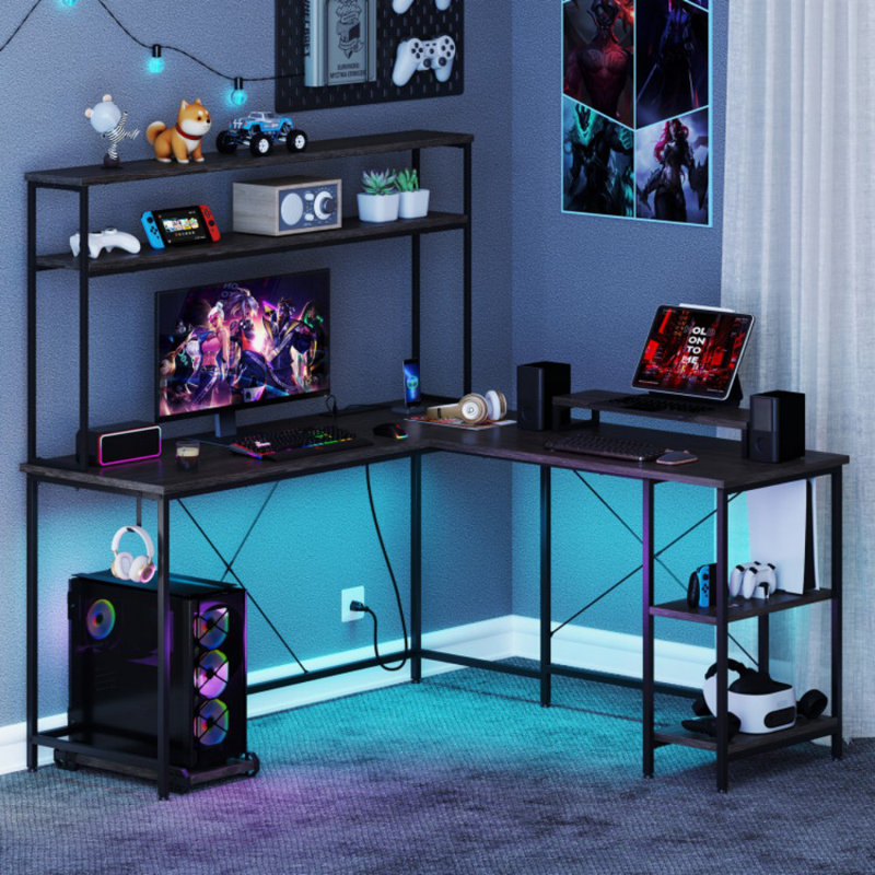 L-Shaped Reversible Gaming Desk With LED Strip And Power Outlets Hutch Monitor Stand, Gray