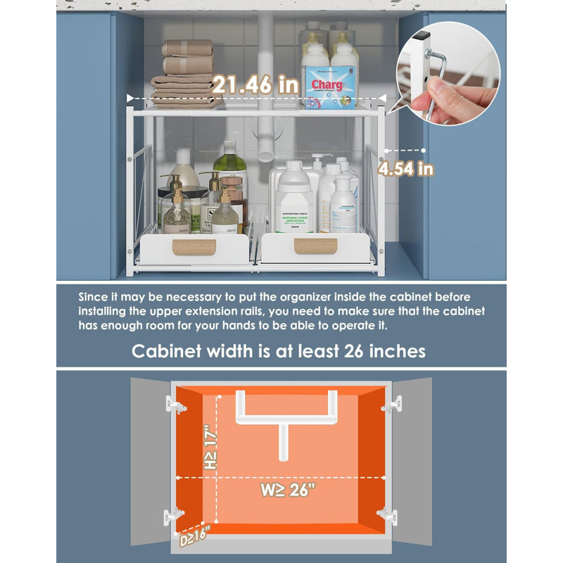 Extendable Under Sink Organizer, 2 Tier Expandable Under Cabinet Organizer Shelf With Height Adjustable, Retractable Cabinet Storage, White