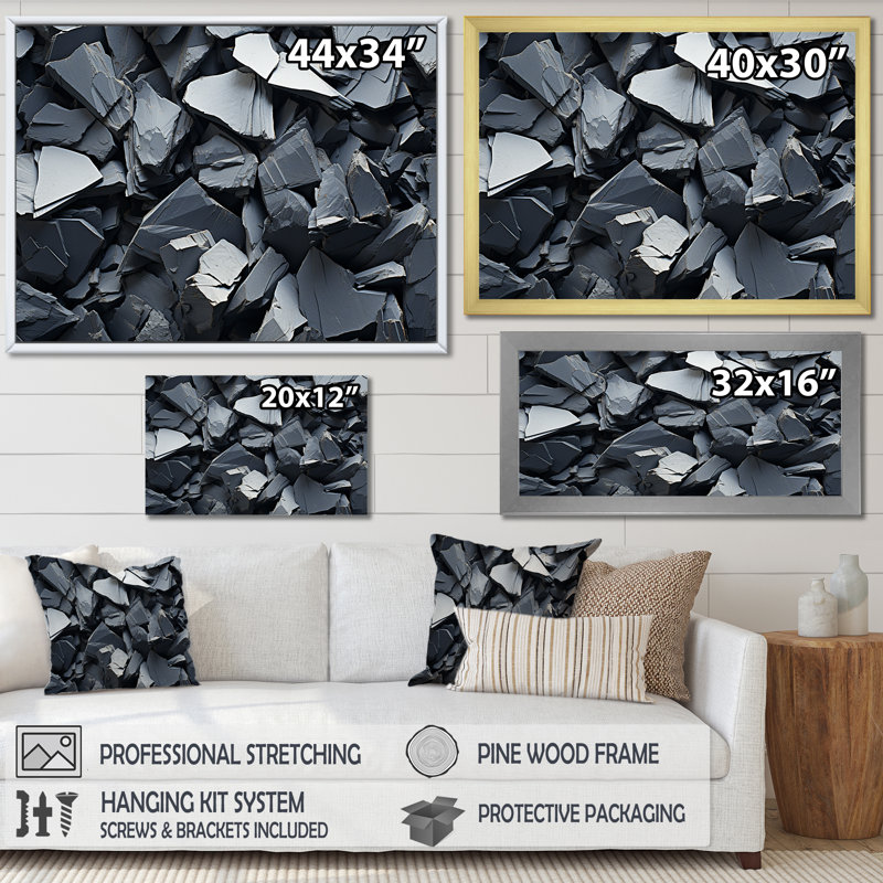 Tachisme - Explosion de roches grises - art mural tachisme, Toile tendue, H 12 po x l 20 po x P 1 po
