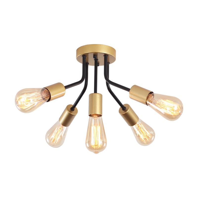 5-Light 14.76" Sputnik Sphere Industrial Linear Semi Flush Mount Ceiling Light, Black/Gold