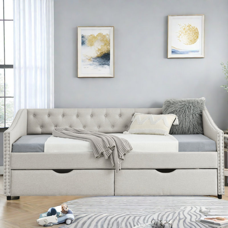 Daybed With Drawers, Button On Back And Copper Nail On Waved Shape Arms, Twin