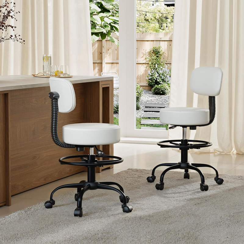 Chaise de dessinateur réglable avec tabouret pivotant à dossier, White, 1