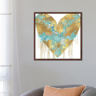 Big Hearted Aqua and Gold 1 Piece Wall Art on Canvas
