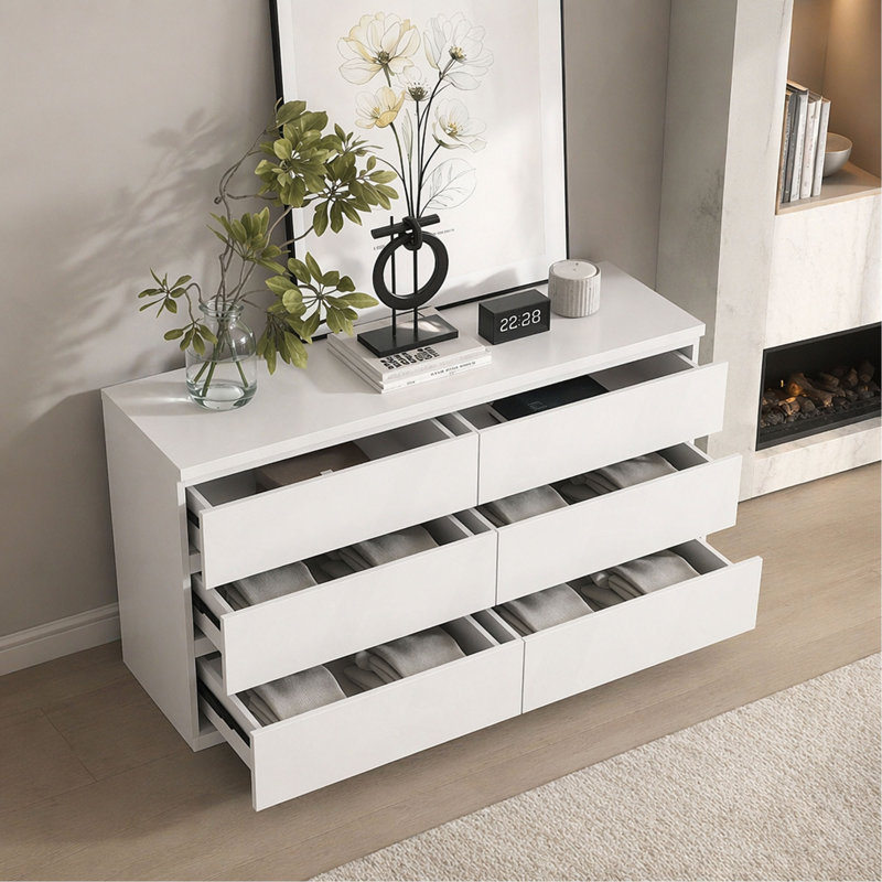 Commode 6 tiroirs blanche, commode moderne pour chambre à coucher avec comptoir spacieux, armoire de rangement en bois avec poignées dissimulées et 6 tiroirs profonds pour chambre à coucher, salon, entrée