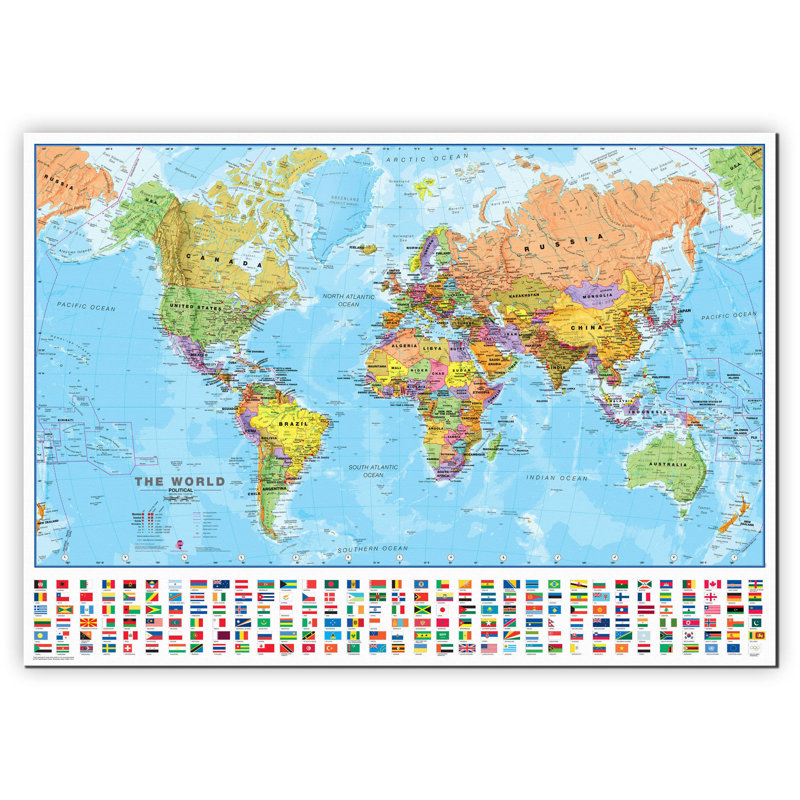 Large World Wall Map Political With Flags - Wrapped Canvas Print, 56cm H x 86cm W x 5cm D
