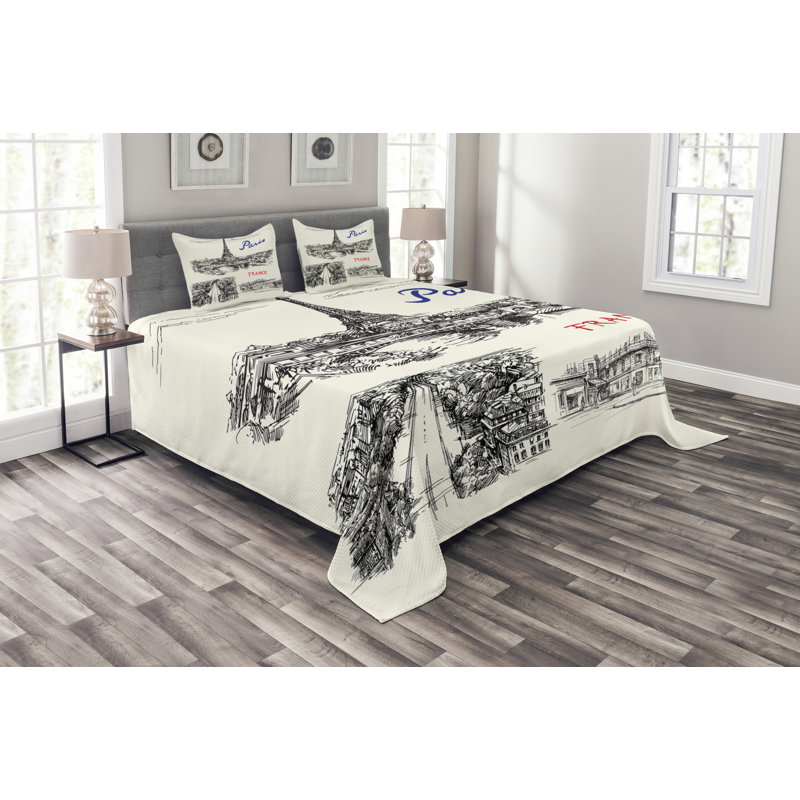 Eiffel Tower Bedspread Set with Shams, 170 x 220 cm