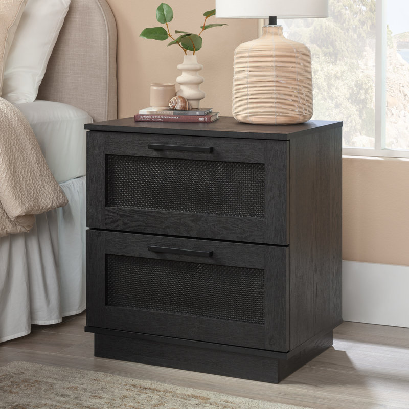 Raven Oak 2-Drawer Rattan Nightstand