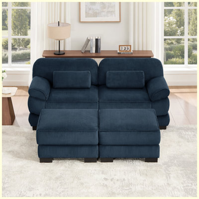 76.4" Cloud Couch U-Shaped Modular Sectional, 2-Seater Sofa with 2 Ottomans, Thick Cushions, Breathable Corduroy, Blue
