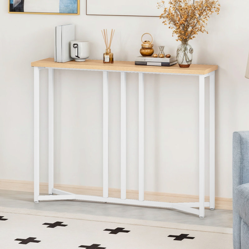 Set Of 2 Console Table, Slim Console Table For Hallway, Metal Frame, Sofa Table, 80 cm H x 80cm W x 20 cm D, Oak Wood, White