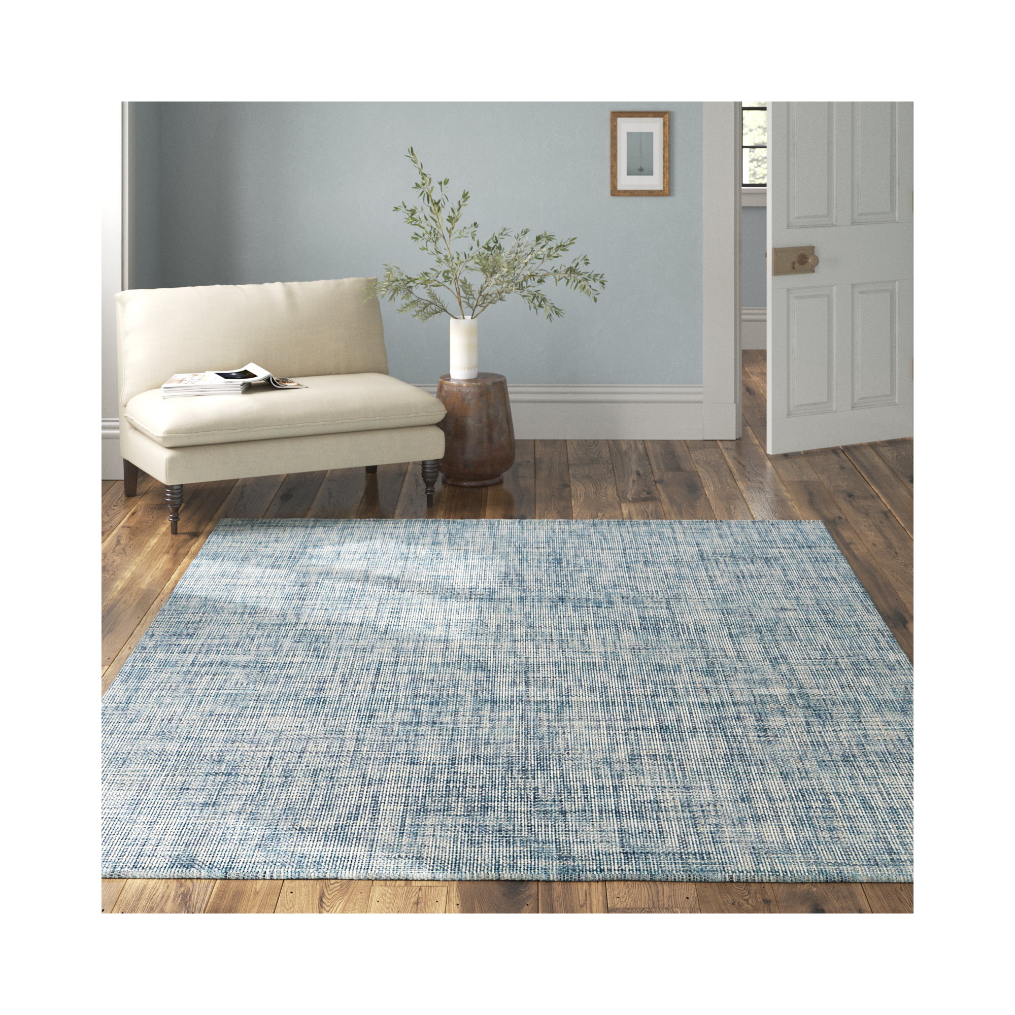 Aldred Handmade Wool Blue Rug, Rectangle 3'6" x 5'6"