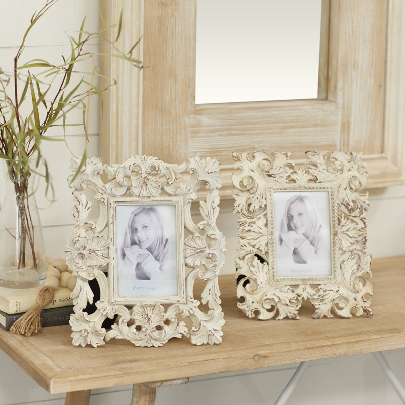 White Floral Embossed Tabletop and Wall Picture Frames Set