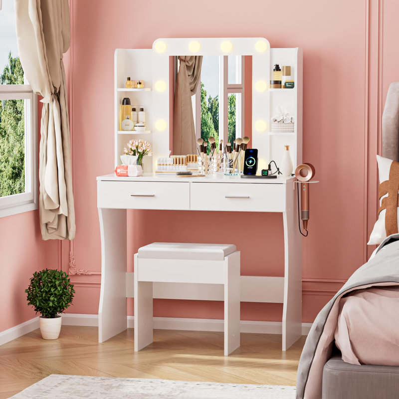 Dressing Table with Stool,Vanity Desk with Mirror& Power Strip,1AC
