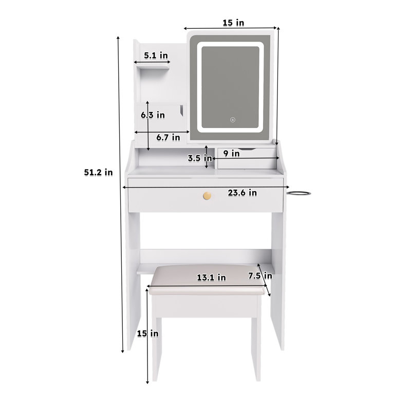 3-Color LED Vanity Mirror with Stool, Dressing Table for Bedroom, 2 Drawers & 5 Storage Cabinets, Adjustable Lighting, White