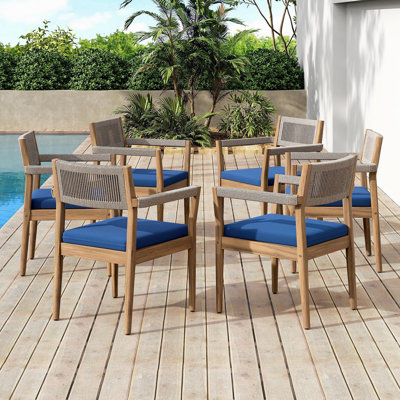 Ensemble de 6 chaises de salle à manger en bois d'acacia tressé d'aspect teck avec corde beige et coussins bleu marine, meubles de patio toutes saisons pour le jardin, la piscine et la cour (durables et élégants)