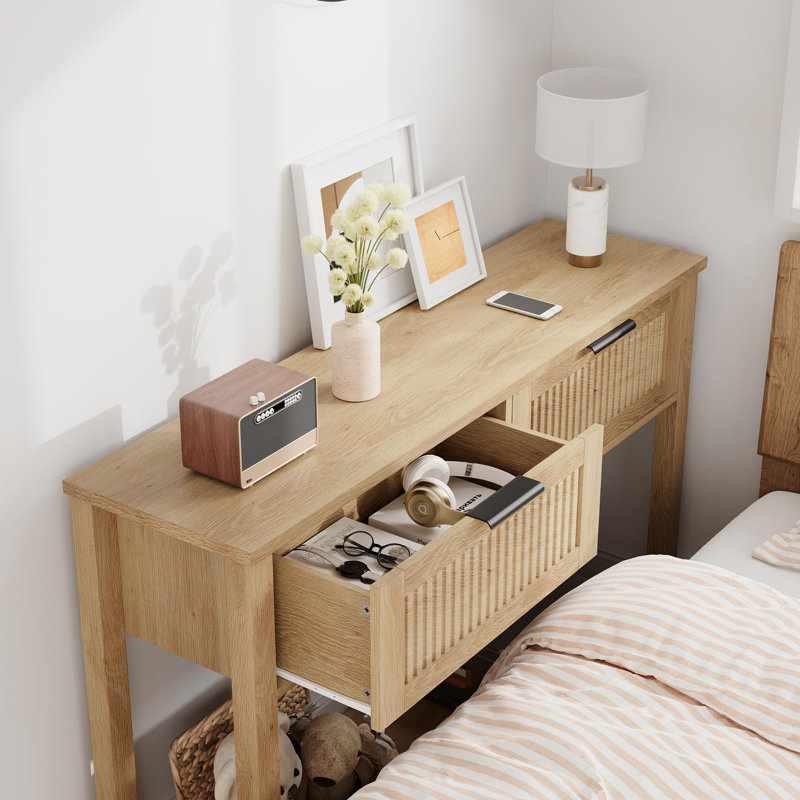 Table de hall d'entrée de 43 pouces, console à 2 niveaux en bois avec 2 tiroirs et tablette de rangement, Naturel