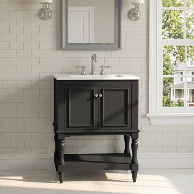 Meuble-lavabo de luxe moderne autoportant 24 po en bois massif + panneau de fibres à densité moyenne avec lavabo en céramique noir