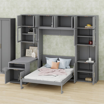 Lit escamotable moderne avec armoires de rangement, bureau et tablettes éclairées à DEL
