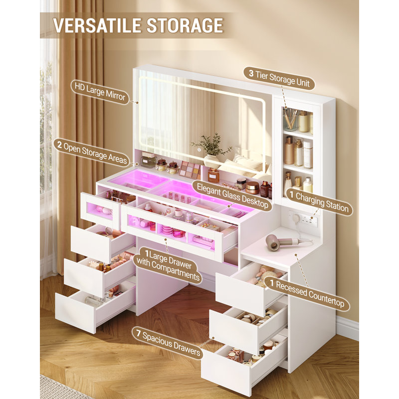 Dressing Table with HD Large Mirror, RGB Light, Glass Tabletop, Vanity Desk with Power Outlet, Vanity Table with 8 Drawers, Display Cabinet for Bedroom