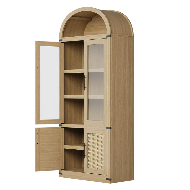 71.6" Arched Bookcase with Glass & Rattan Doors, 6-Tier Modern Farmhouse Storage Cabinet