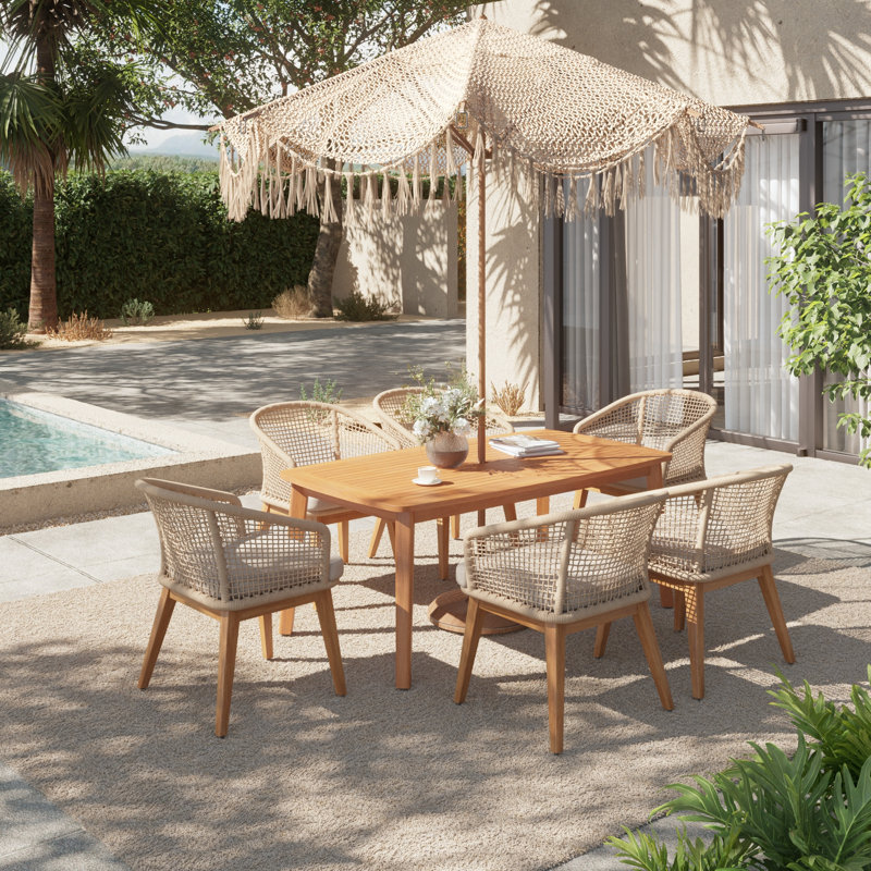 Outdoor Acacia Solid Wood 6-person Dining Set With Cushions, 6, 30.1" H x 62.9" W  x 35.4" D