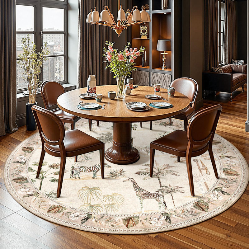 Animals Print Washable Thin Non-Slip Area Rug, Round 7', Jungle Beige