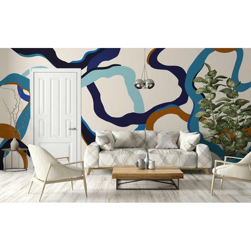 Abstract Blue Brown Wavy Lines Wallpaper, 106"L x 187"W