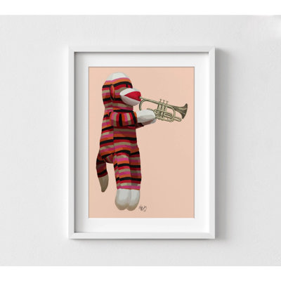 Reproduction de singe musical rouge, art de classe de chaussettes de musique, impression d'affiche de trompette, impression d'affiche de singe mignon